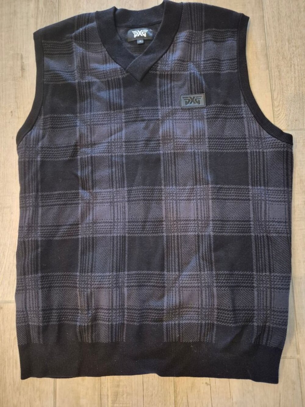 PXG Mens Black & Gray Plaid Sleeveless V-Neck Sweater Vest Size M Back Pocket